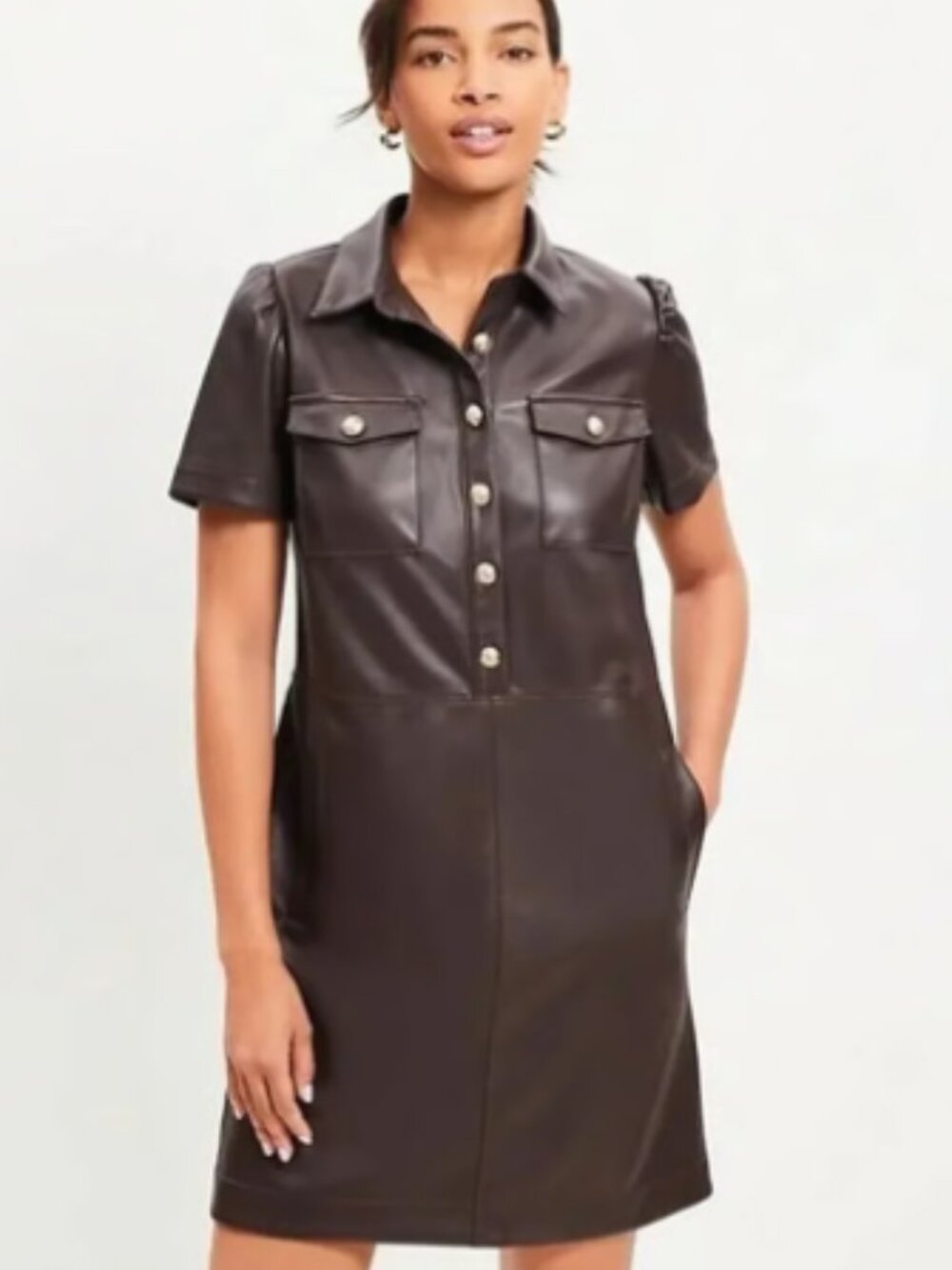ANN TAYLOR LOFT SHIRT FAUX LEATHER GOLD BUTTON MINI SHIFT DRESS NWOT 10 BROWN
